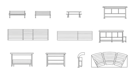 outdoor furniture plan benches fences bus shelters and curved seating arrangement for architectural and urban design projects detail drawings