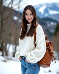 Smiling young woman cozy sweater with backpack winter scenery