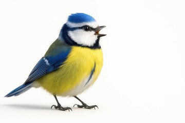 Naklejka premium Eurasian blue tit three quarter profile singing with beak slightly open and throat puffed photorealistic vibrant bird isolated on white
