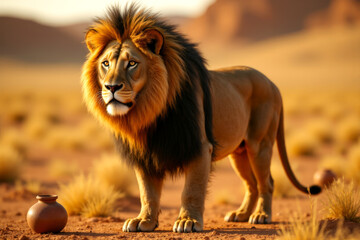Majestic lion stands proudly desert landscape, showcasing its