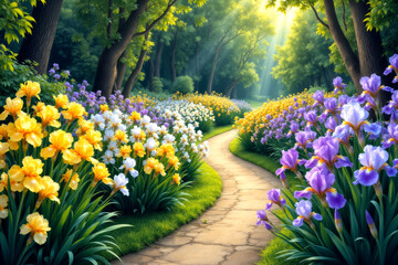 Vibrant garden path surrounded by blooming flowers