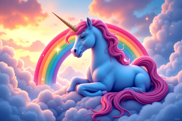 Magical unicorn rests on fluffy clouds under vibrant rainbow
