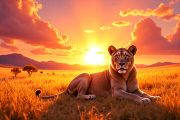 Lioness resting in golden savanna at sunset, radiating tranquility