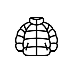 Vector art of a simple black and white line art icon of a puffer jacket, isolated on a, representing winter clothing and outerwear