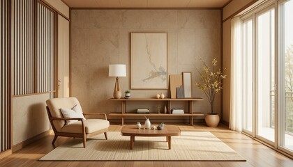 Fototapeta premium Warm-toned muji-style living room with an armchair and sparse vertical décor