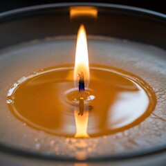 Close Up of Burning Candle Flame with Melting Wax in Dark Background