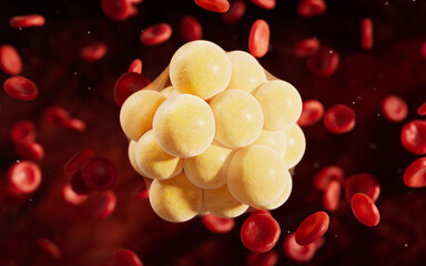 Red blood cells and fat cells with medical concept, 3d rendering.