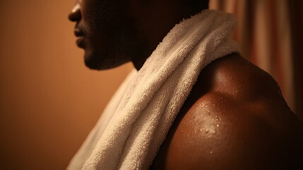 Muscular person with a towel draped over their shoulder after a workout.