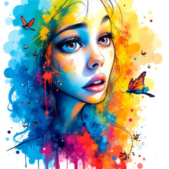 Vibrant portrait of woman with colorful splashes and butterflies