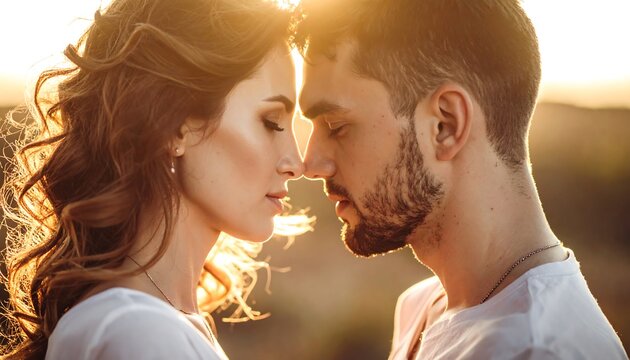 A tender moment captured during sunset, a couple intimately close. Their faces nearly touching. Soft light embraces them, highlighting their connection and emotions