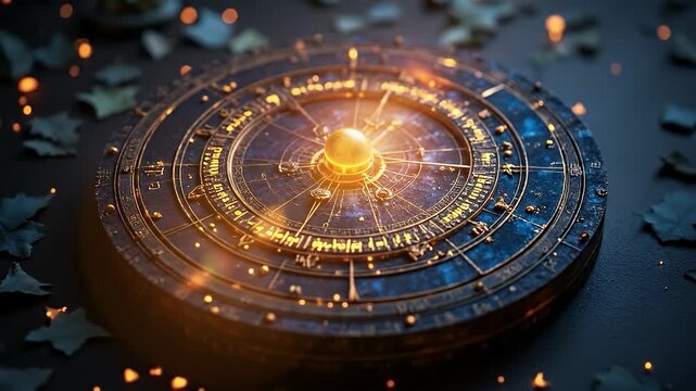 Mysterious Ancient Astrolabe with Glowing Orbs and Intricate Mechanisms.