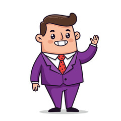 A cartoon illustration of a cheerful man in a purple suit and red polka-dot tie, smiling and waving hello.