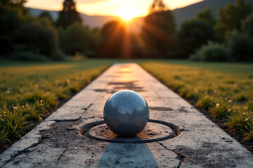 Metallic sphere rests on cracked path, illuminated by sunset