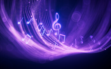 Music notes and glowing neon lines, 3d rendering.