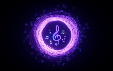 Music notes and glowing neon lines, 3d rendering.