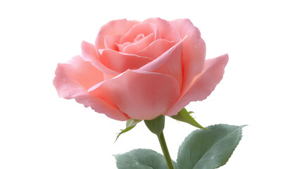 Pink rose flower with delicate petals and green leaves, isolated on transparency background, symbolizing love, romance, and beauty, perfect for greeting cards or decoration