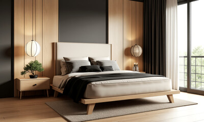 Modern bedroom with wooden furniture and natural light