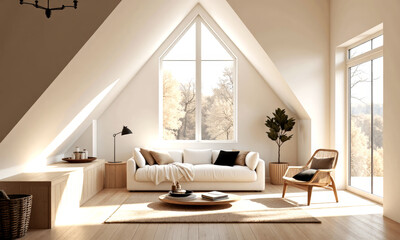 Modern cozy living room with large windows and natural light