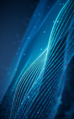 Flowing curve lines and particles background, 3d rendering.