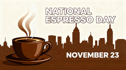 A steaming espresso cup, paired with a city silhouette, represents Espresso Day and is suitable for coffee related celebrations and promotions on November 23rd.

