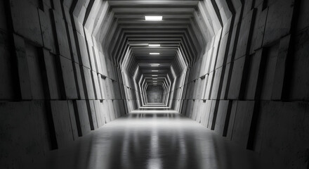 Step into a futuristic concrete hexagonal tunnel with dramatic lighting and reflective floors, perfect for sci-fi or architectural concepts.