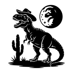 Tyrannosaurus Rex Cowboy Silhouette of a Dinosaur Wearing a Western Hat with a Cactus and Moon