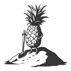 Pineapple character standing on mound of sand with shovel