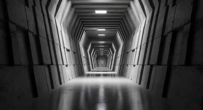 Step into a futuristic concrete hexagonal tunnel with dramatic lighting and reflective floors, perfect for sci-fi or architectural concepts.