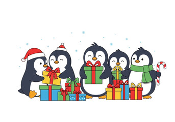 5 penguins holding gifts  a candy cane under snow