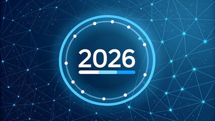 Futuristic neon countdown clock displaying 2026 progress bar loading digital art
