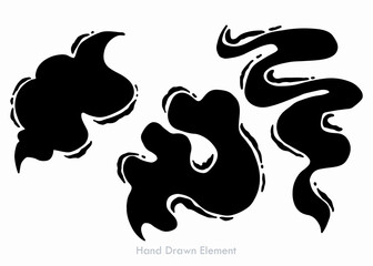 Three hand-drawn black smoke or cloud-like elements with white outlines, isolated against a white background.