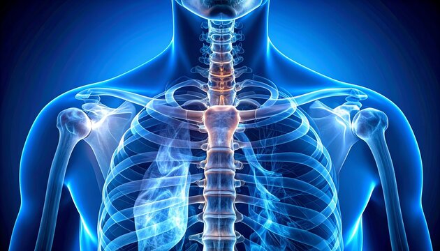 X-ray image showing detailed human ribcage and shoulder bones, highlighting skeletal anatomy and medical diagnostic precision in radiographic visualization