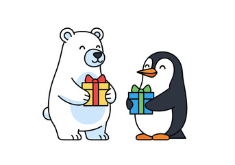 A polar bear and a penguin stand facing each other each holding a wrapped gift