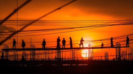 Silhouetted workers on a construction site at sunset with dramatic sky.
