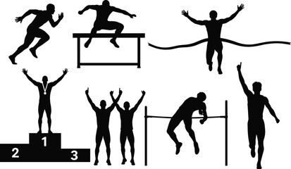 Silhouette athletes running, jumping, celebrating victory, finishing race, winning medals, and competing in sports events, track and field competition illustration
