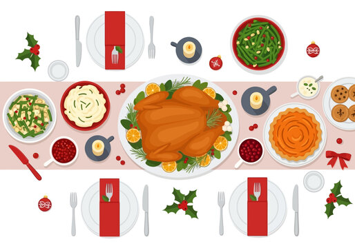 A Thanksgiving dinner table is set with a turkey and various side dishes