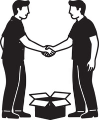 Vector art of two men shaking hands over an open box, symbolizing a successful business deal or partnership, the simple black and white design conveys professionalism and agreement outline icon on