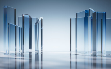 Transparent blue cube glass geometries background, 3d rendering.