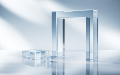 Transparent blue glass geometries background, 3d rendering.
