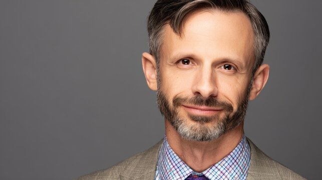 staff. Confident business professional in formal attire, exuding professionalism and approachability in a neutral setting. pitch deck slides.
