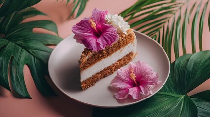 Slice of cake with pink flowers and tropical leaves presented on a plate.