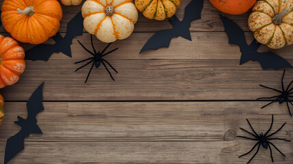 Halloween background with pumpkins, spiders, and bat on wooden table