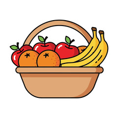 A simple illustration of a brown woven basket filled with fresh red apples, ripe oranges, and yellow bananas.