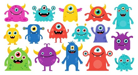 Obraz premium Colorful Cute Cartoon Monster Characters with One Eye and Horns on White Background