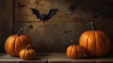 Halloween background with pumpkins, spiders, and bat on wooden table