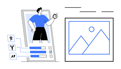 Person tracking fitness progress on a smartphone with exercise icons, checklists, and statistics. Ideal for health, mobile apps, fitness, goals, technology, motivation simple flat metaphor