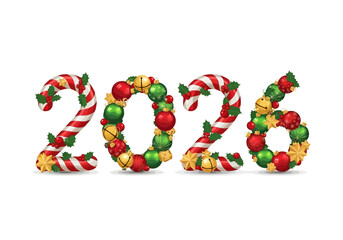 Festive 2026 Redwhite candy cane numbers with stars ornaments holly  berries