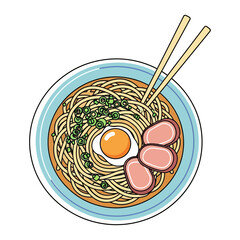 A top-down view of a bowl of ramen with noodles, egg, and meat.