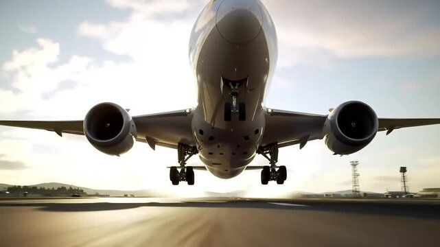 Airplane taking off from runway against bright sunlight