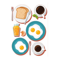 A delicious and healthy breakfast spread featuring toast, fried eggs, orange juice, and coffee.